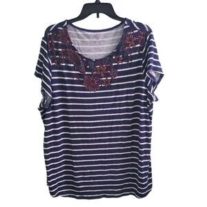 NWOT! DB Woman Stretchy Striped Casual Tee w/ Floral Neckline Plus Size 3X